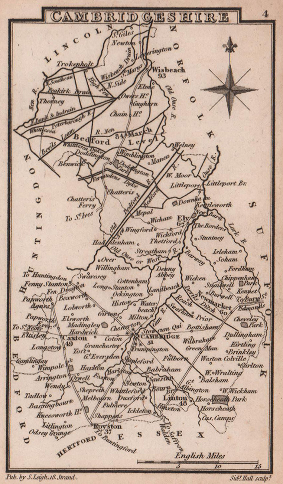 Cambridgeshire miniature county map by Samuel Leigh / Sidney Hall c1820